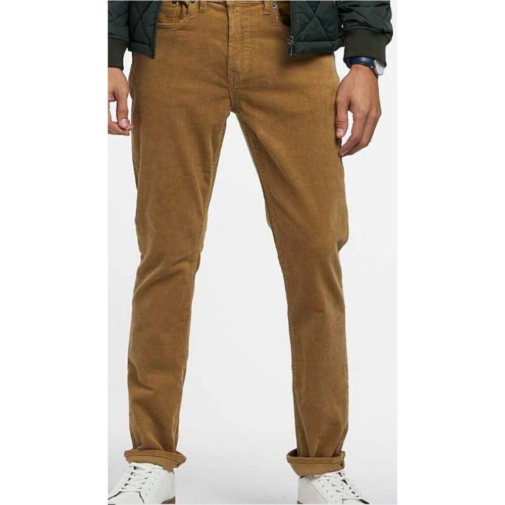 Jachs NY Slim Straight Stretch Corduroy Pant Khaki Brown 34 Waist 32 Inseam